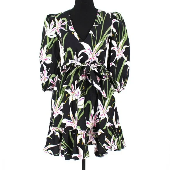 Borgo De Nor Anita Mini Dress Black Multicolor Lilly Print Ruffle Hem Belted 12